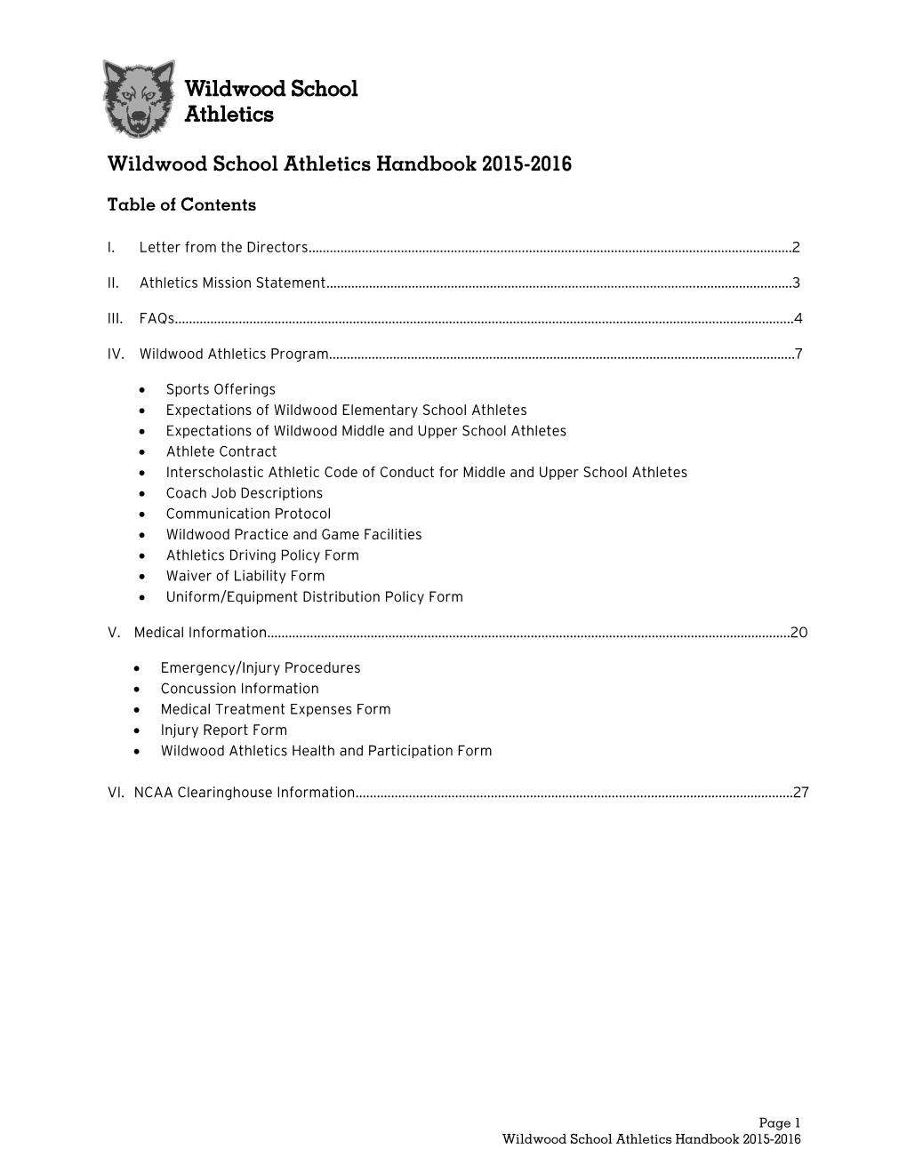 Wildwood School Athletics Handbook 2015-2016