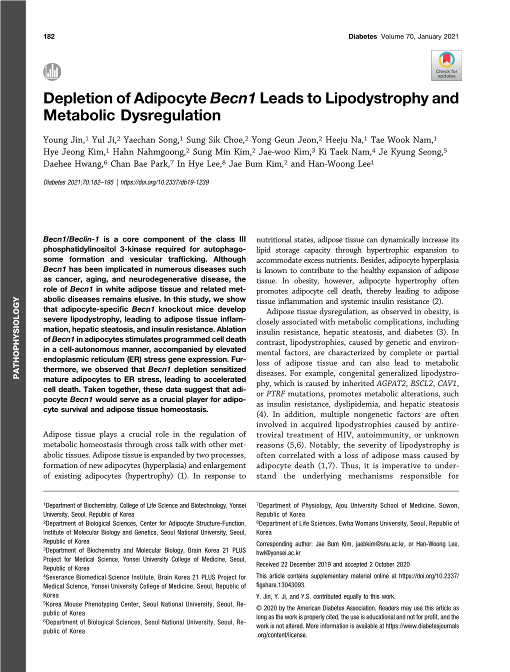 Depletion of Adipocyte Becn1 Leads to Lipodystrophy and Metabolic Dysregulation