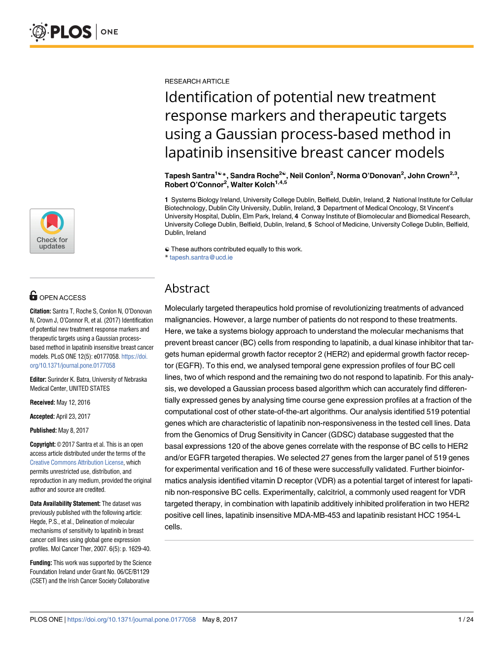 Identification of Potential New Treatment Response Markers and Therapeutic Targets Using a Gaussian Process-Based Method in Lapatinib Insensitive Breast Cancer Models