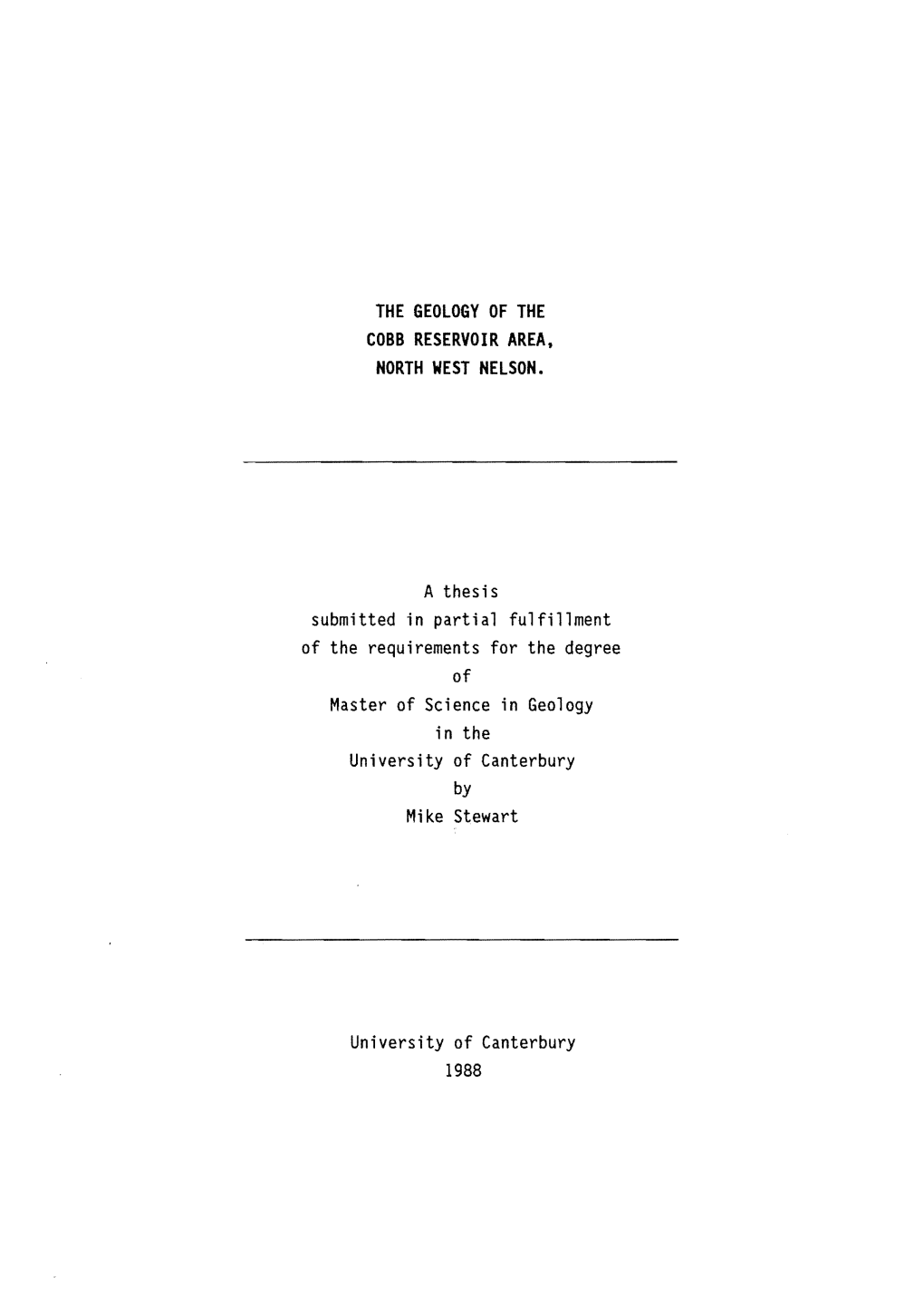 The Geology of the Cobb Reservoir Area, North West Nelson