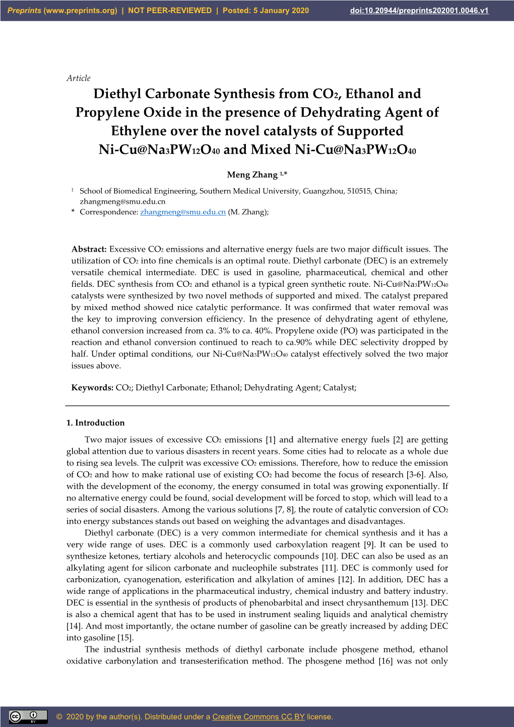 Diethyl Carbonate Synthesis from CO2, Ethanol and Propylene Oxide in the Presence of Dehydrating Agent of Ethylene Over the Nove