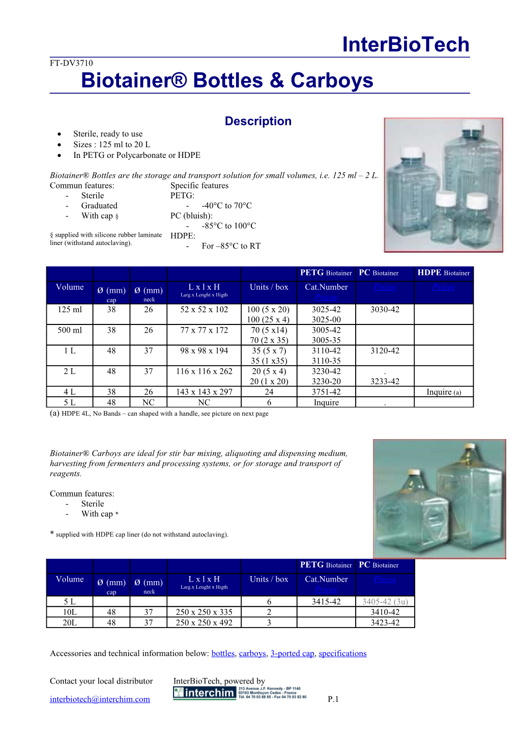 Interbiotech Biotainer® Bottles & Carboys