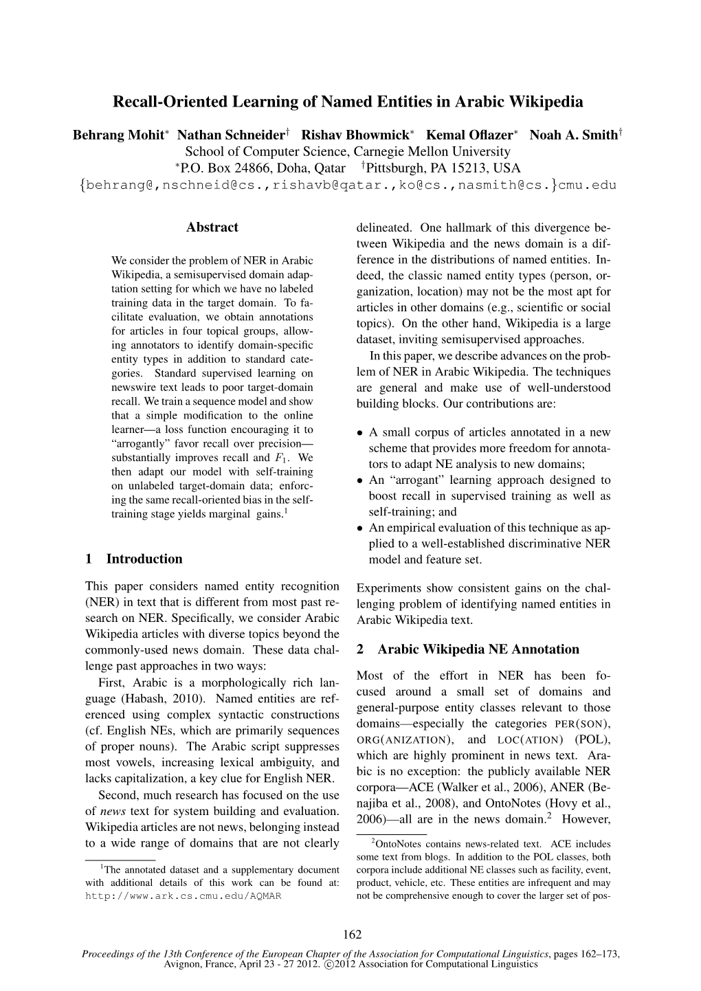 Recall-Oriented Learning of Named Entities in Arabic Wikipedia