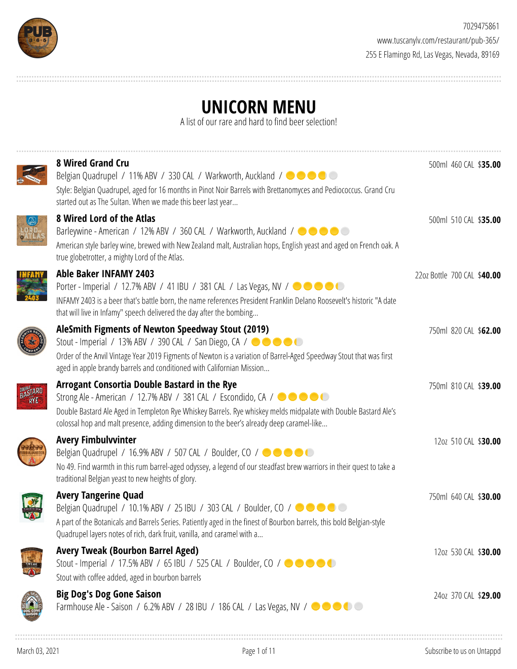 UNICORN MENU a List of Our Rare and Hard to Find Beer Selection!