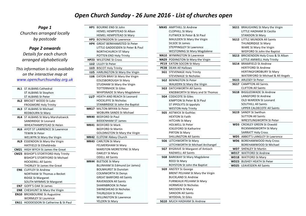 Open Church Sunday - 26 June 2016 - List of Churches Open