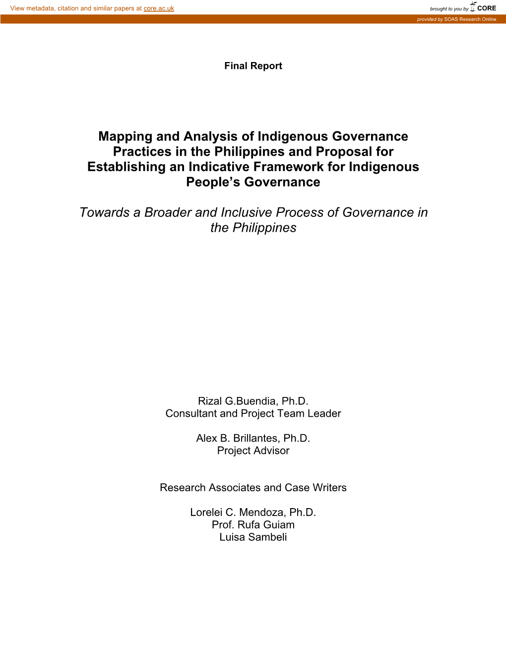 Mapping and Analysis of Indigenous Governance Practices in the Philippines and Proposal for Establishing an Indicative Framework for Indigenous People’S Governance