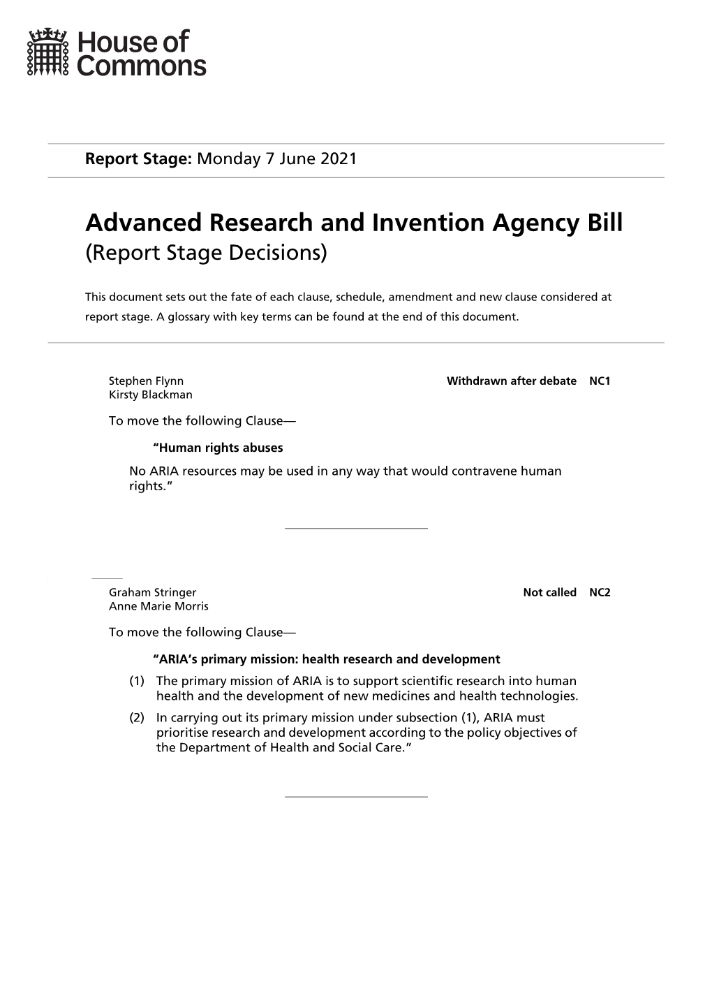 Advanced Research and Invention Agency Bill (Report Stage Decisions)