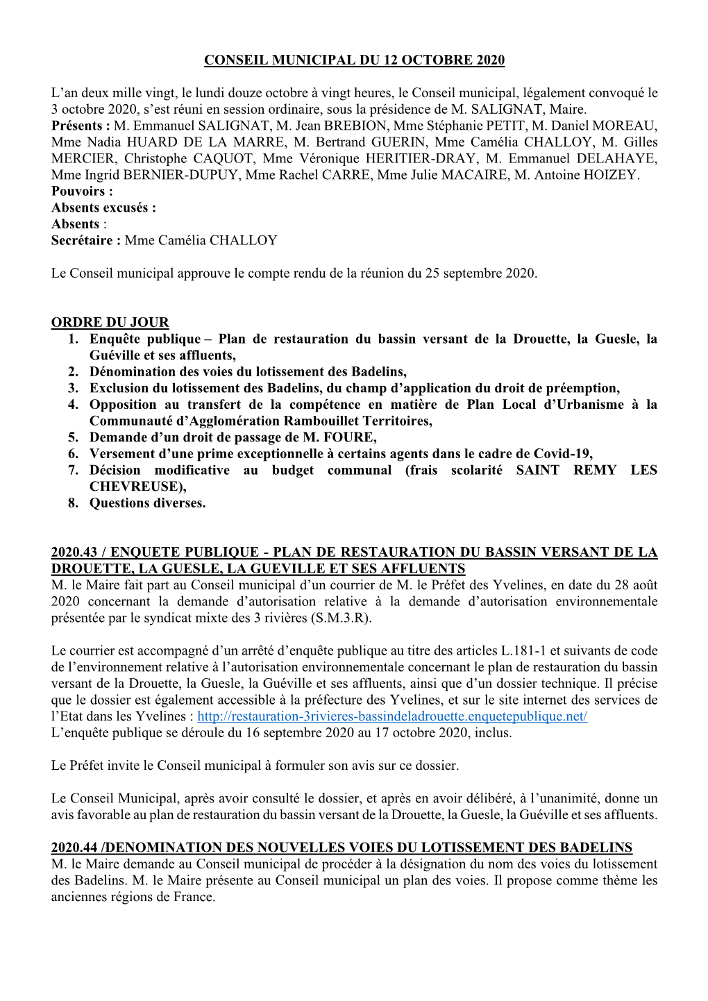 CONSEIL MUNICIPAL DU 12 OCTOBRE 2020 L'an