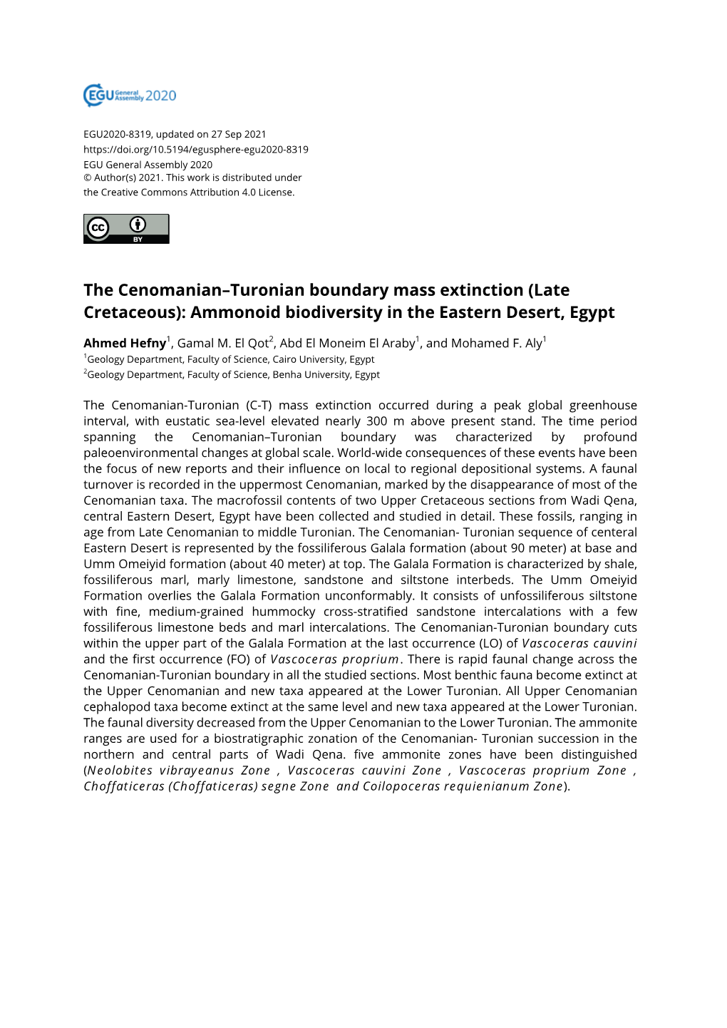 Late Cretaceous): Ammonoid Biodiversity in the Eastern Desert, Egypt