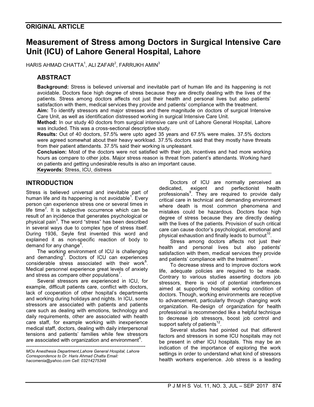 Measurement of Stress Among Doctors in Surgical Intensive Care Unit (ICU) of Lahore General Hospital, Lahore