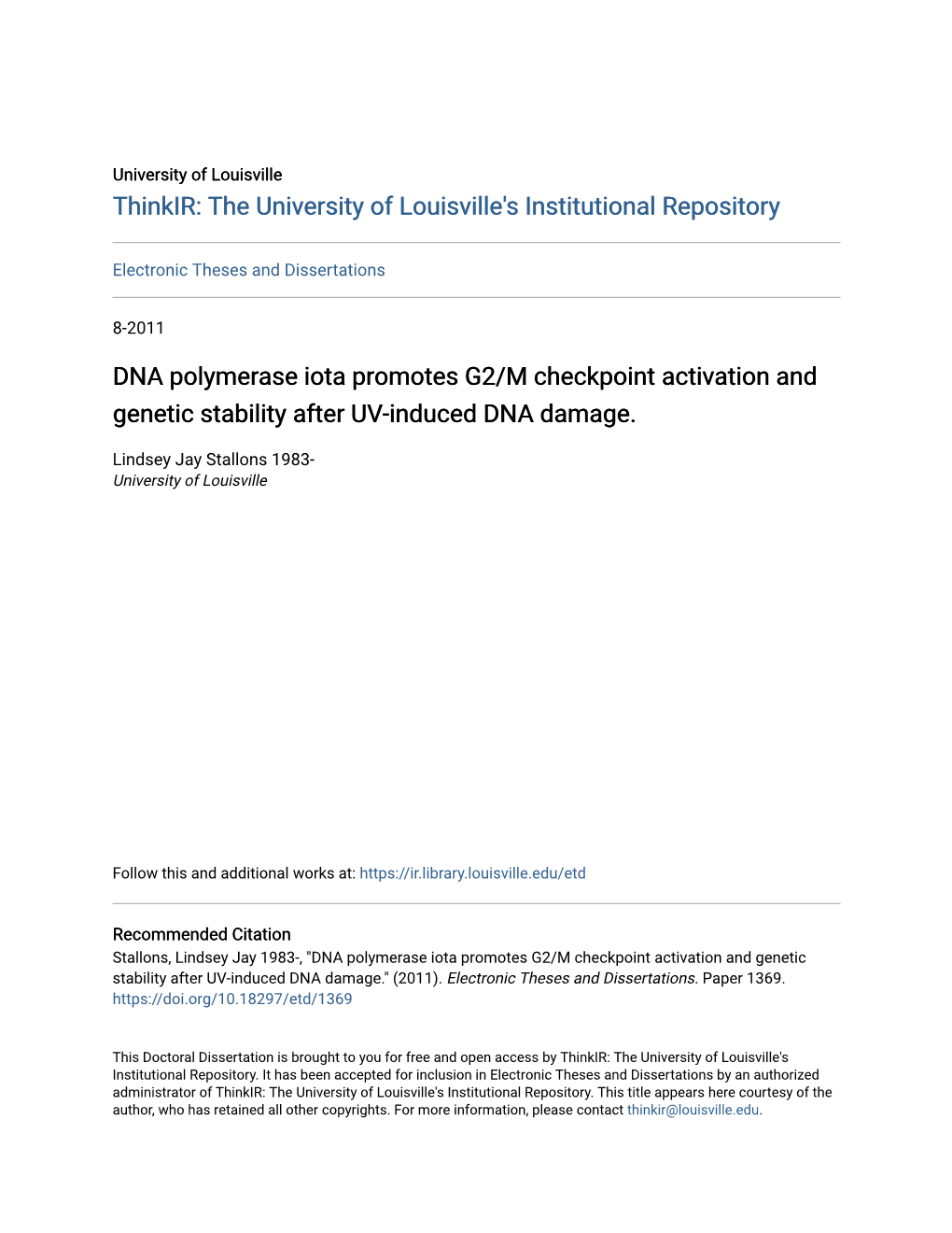 DNA Polymerase Iota Promotes G2/M Checkpoint Activation and Genetic Stability After UV-Induced DNA Damage