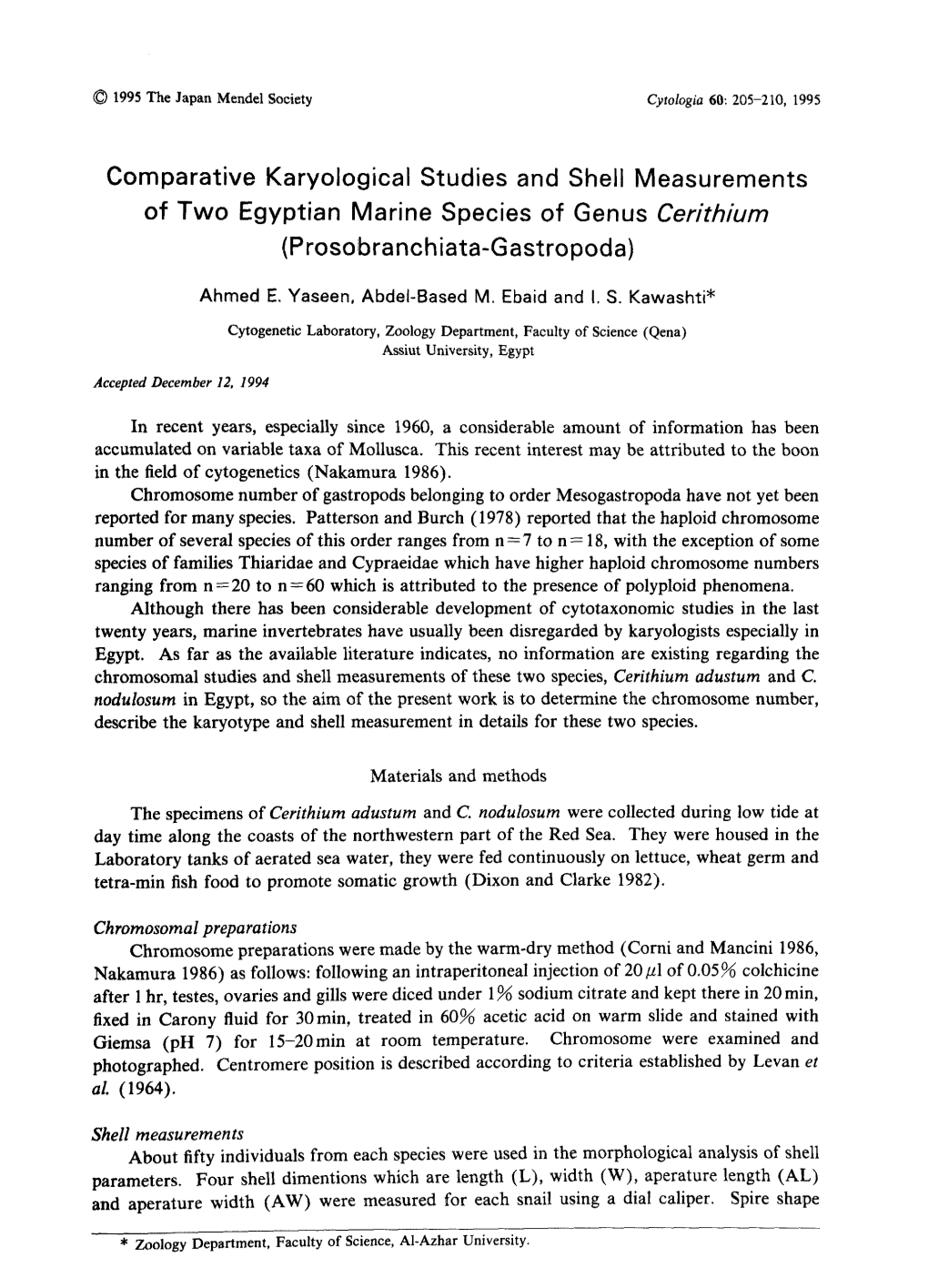 Comparative Karyological Studies and Shell Measurements of Two Egyptian Marine Species of Genus Cerithium (Prosobranchiata-Gastropoda)