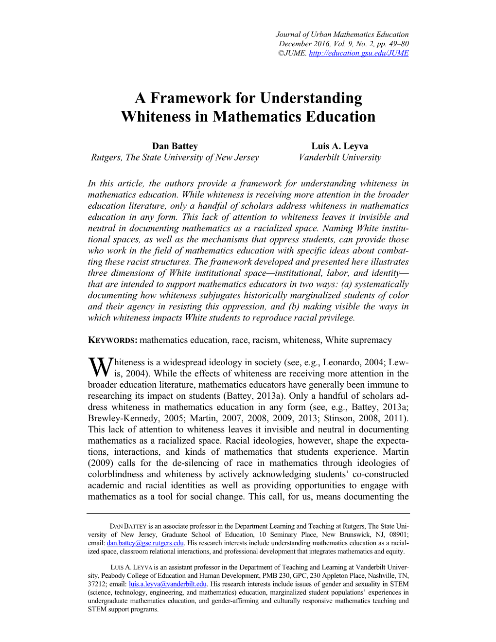 A Framework for Understanding Whiteness in Mathematics Education