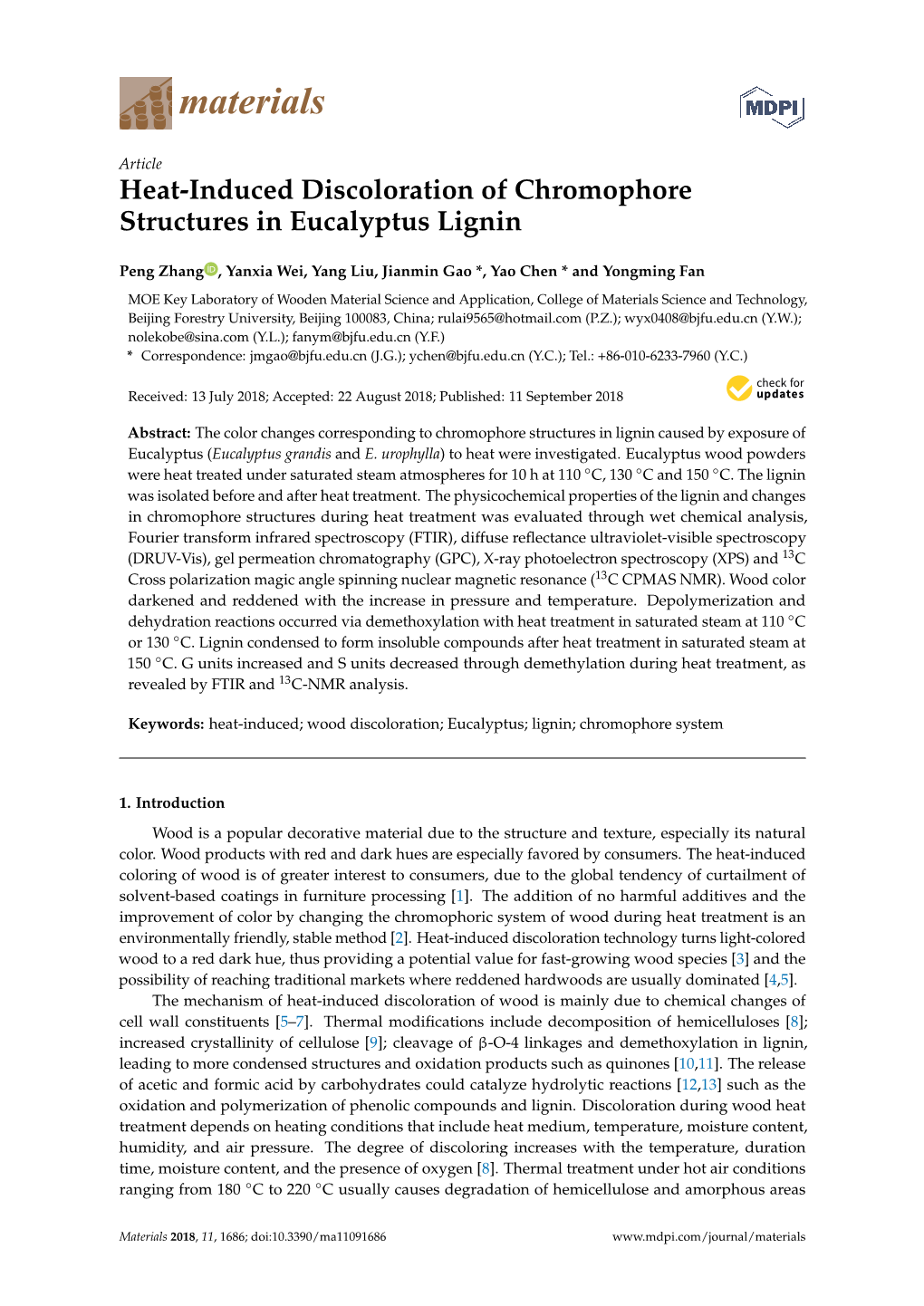 Heat-Induced Discoloration of Chromophore Structures in Eucalyptus Lignin