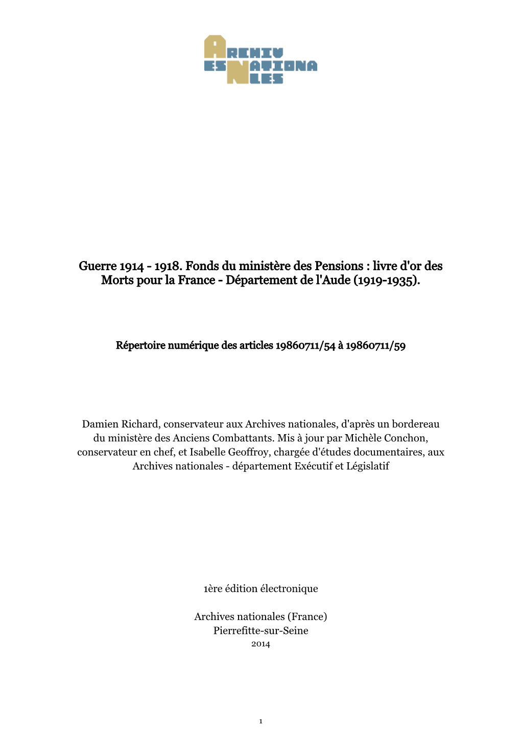 Livre D'or Des Morts Pour La France - Département De L'aude (1919-1935)