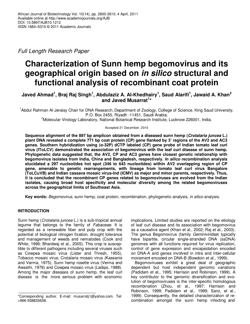 Characterization of Sunn Hemp Begomovirus and Its Geographical Origin Based on in Silico Structural and Functional Analysis of Recombinant Coat Protein