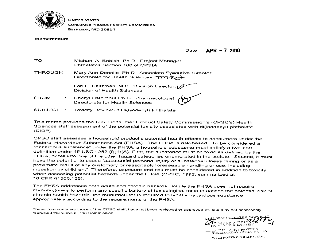 Toxicity Review for Diisodecyl Phthalate (DIDP)