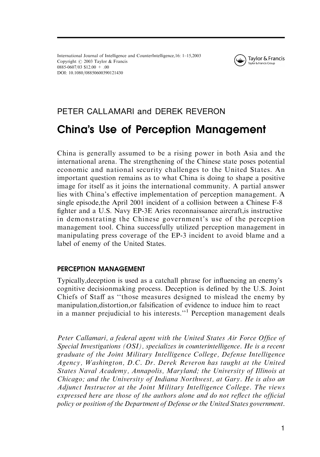 China's Use of Perception Management