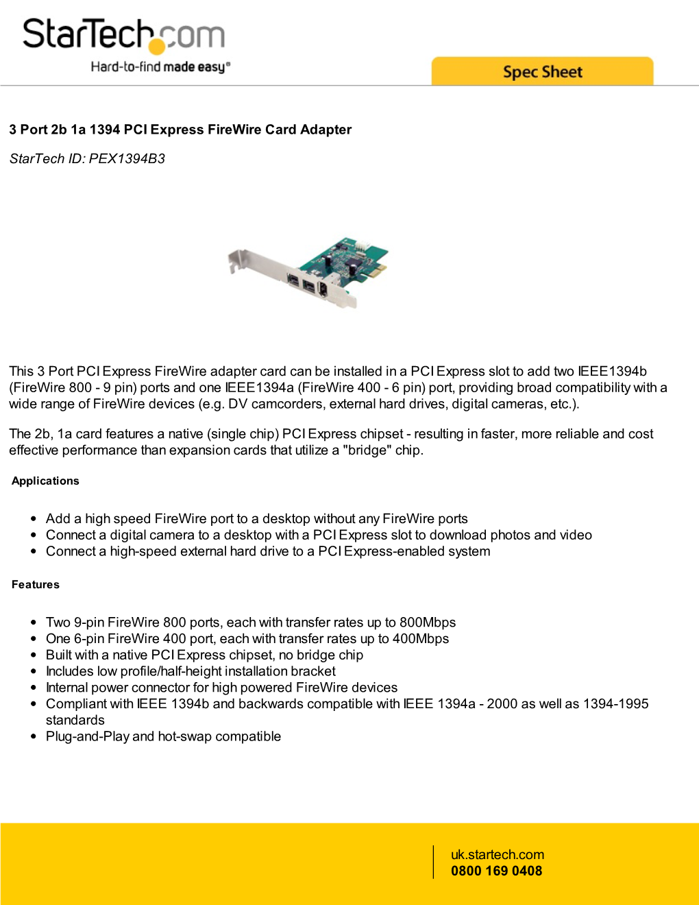 3 Port 2B 1A 1394 PCI Express Firewire Card Adapter