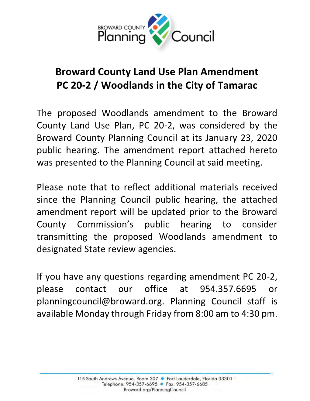 Section I Amendment Report Broward County Land Use Plan Proposed Amendment Pc 20-2 (Tamarac)