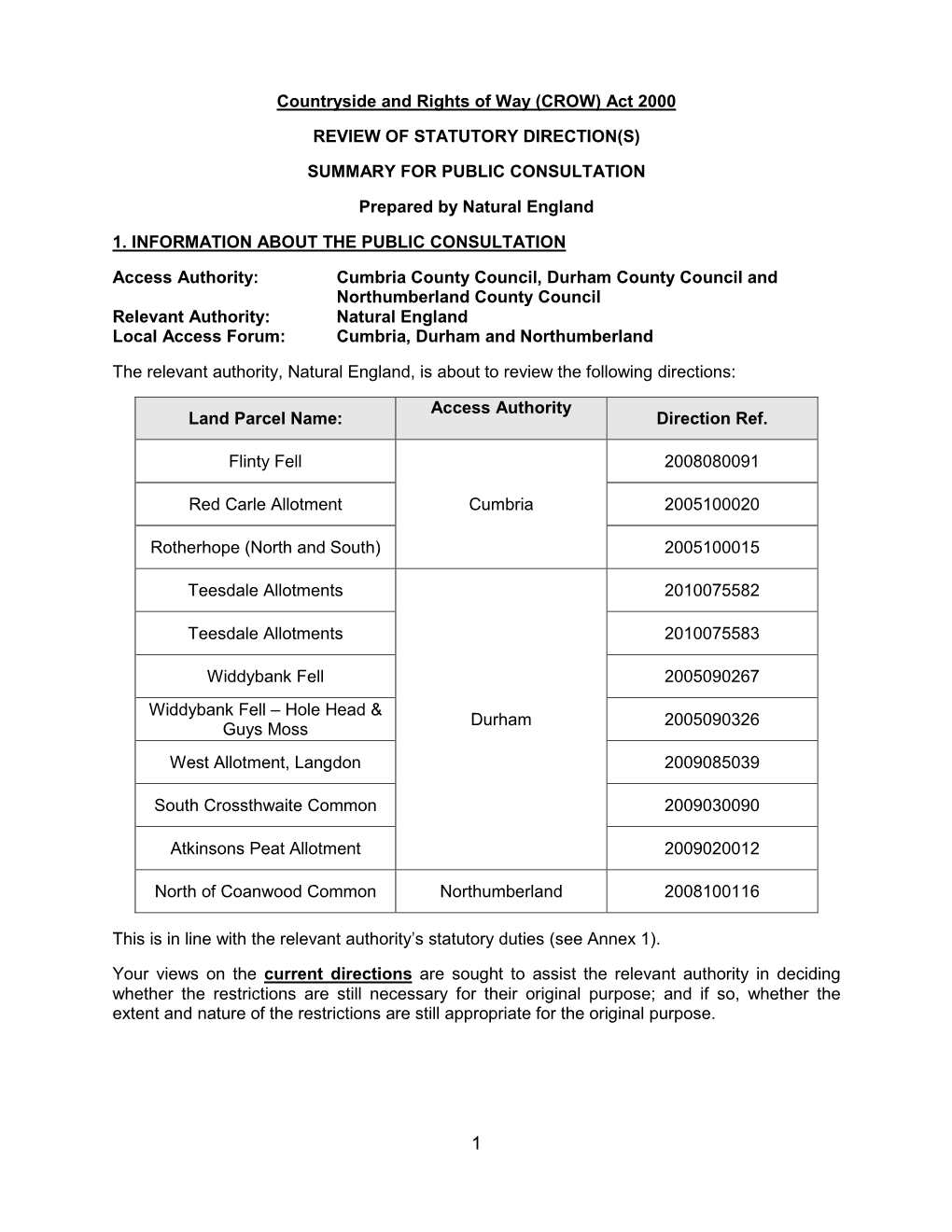 CROW) Act 2000 REVIEW of STATUTORY DIRECTION(S