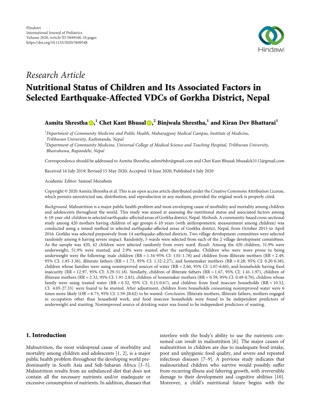 Nutritional Status of Children and Its Associated Factors in Selected Earthquake-Affected Vdcs of Gorkha District, Nepal