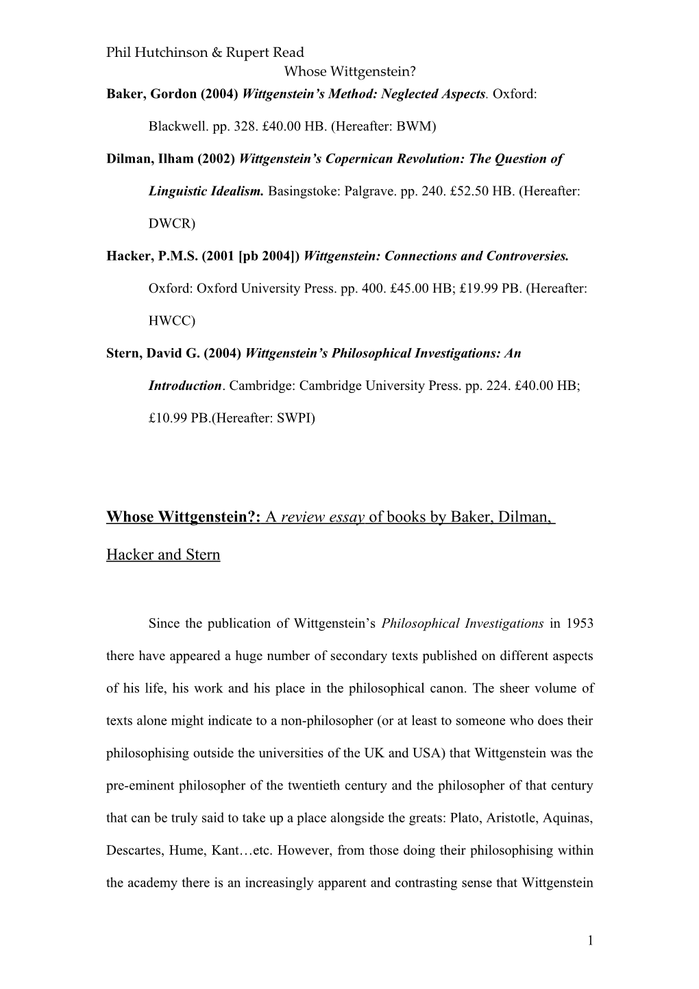 Baker, Gordon (2004) Wittgenstein S Method: Neglected Aspects