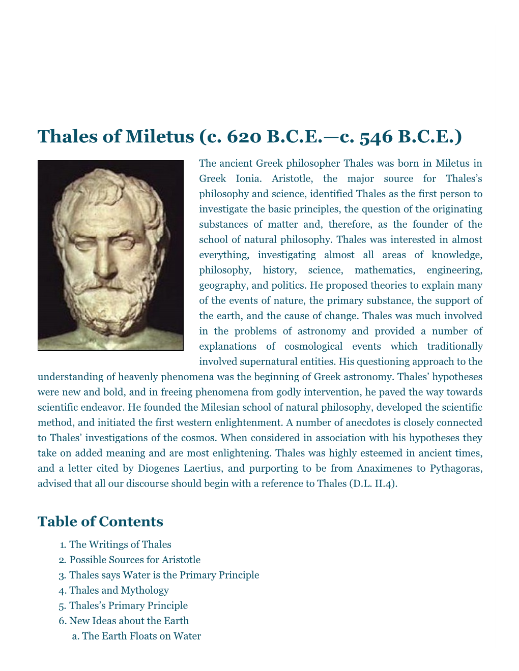 Thales of Miletus (C. 620 B.C.E.—C. 546 B.C.E.)