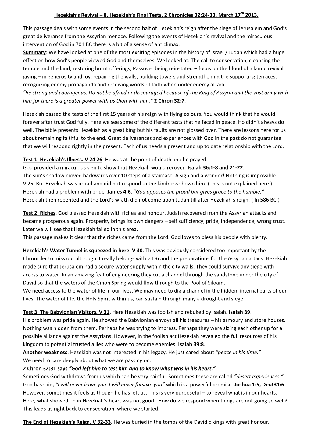 8. Hezekiah's Final Tests. 2 Chronicles 32:24-33. March 17Th