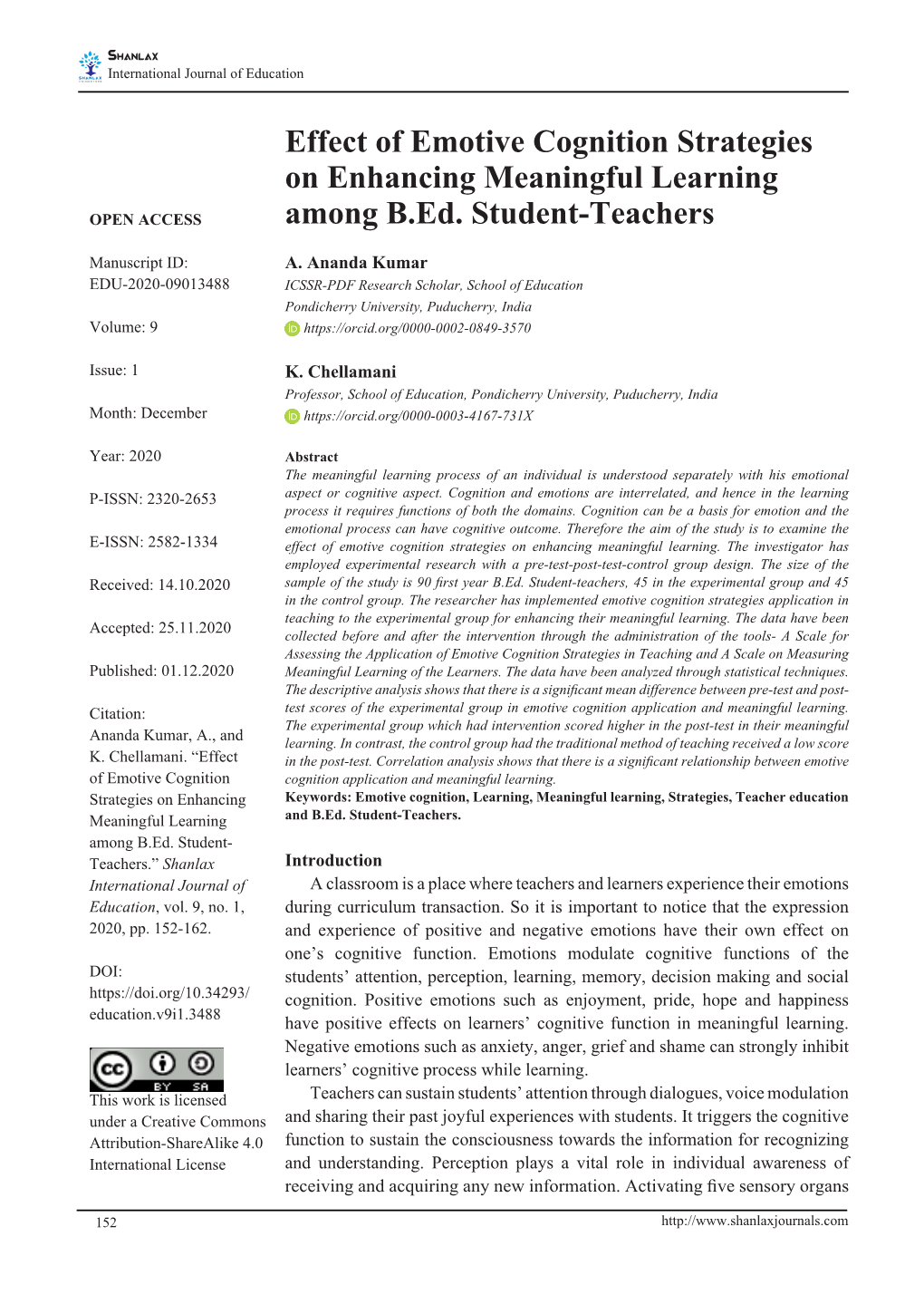 Effect of Emotive Cognition Strategies on Enhancing Meaningful Learning OPEN ACCESS Among B.Ed