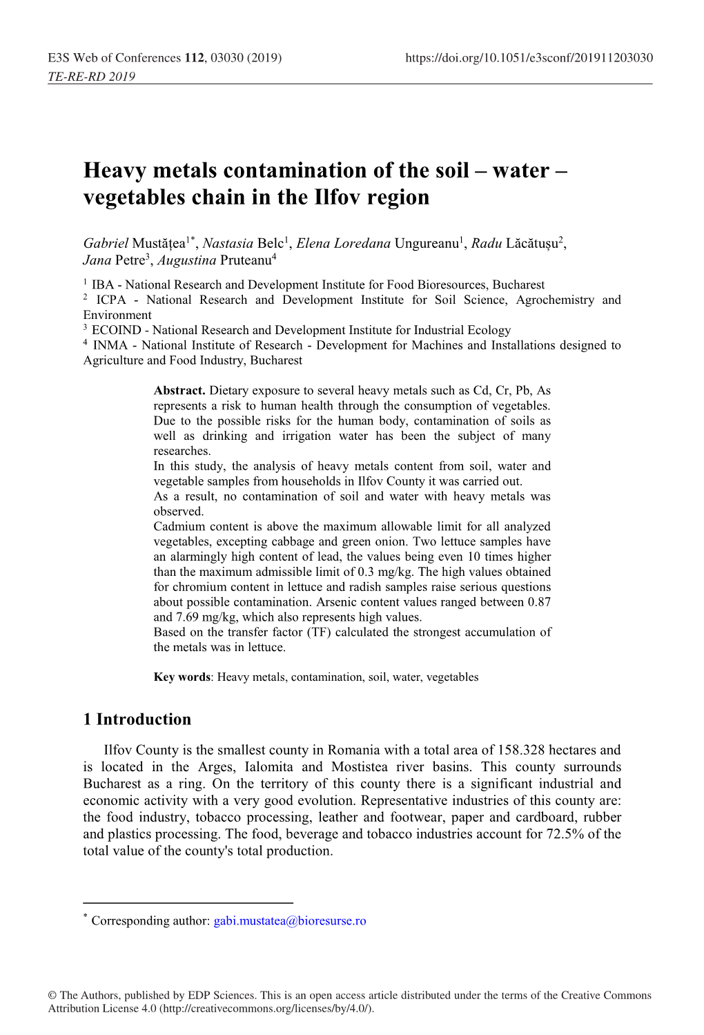 Heavy Metals Contamination of the Soil – Water – Vegetables Chain in the Ilfov Region