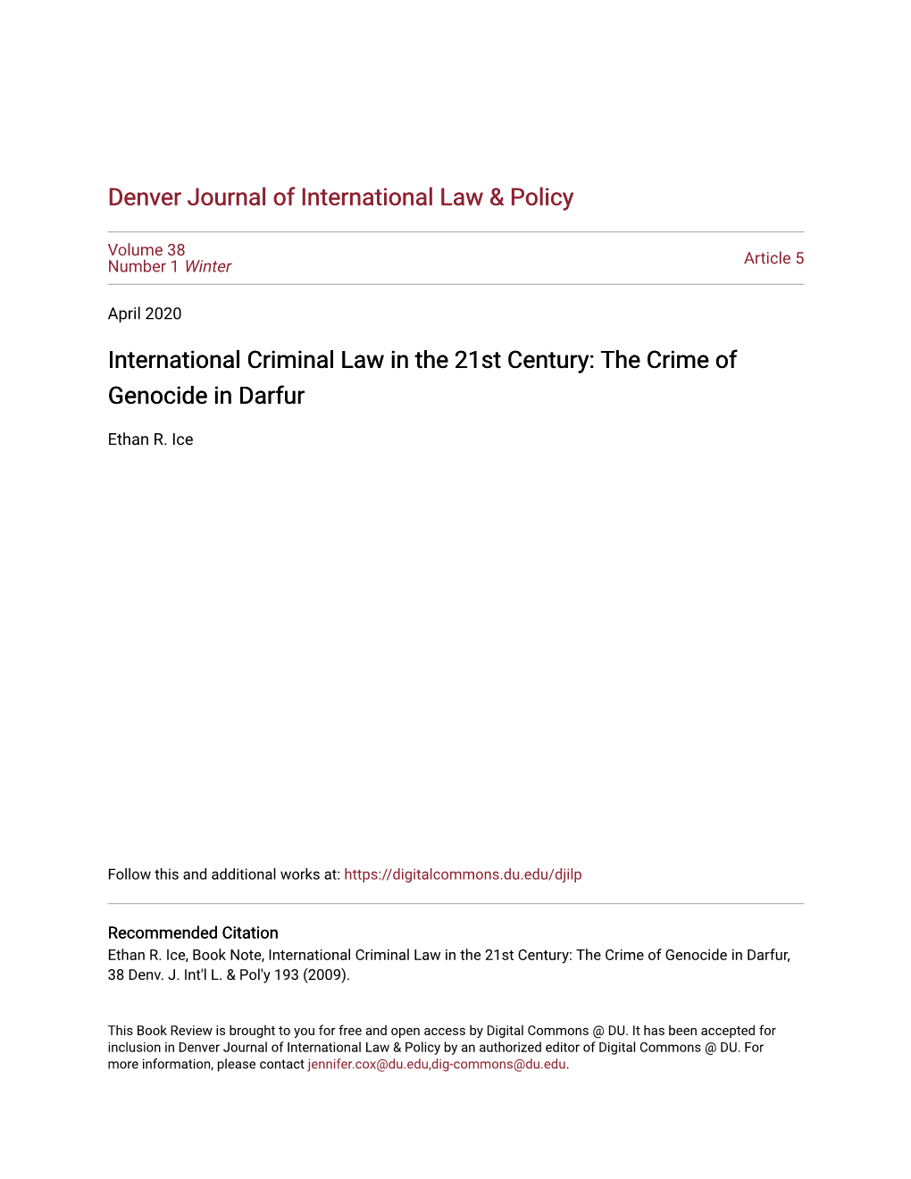 International Criminal Law in the 21St Century: the Crime of Genocide in Darfur