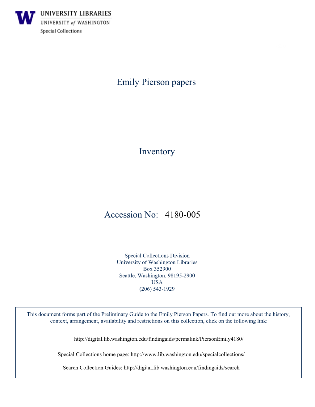 4180-005 Emily Pierson Papers Inventory Accession