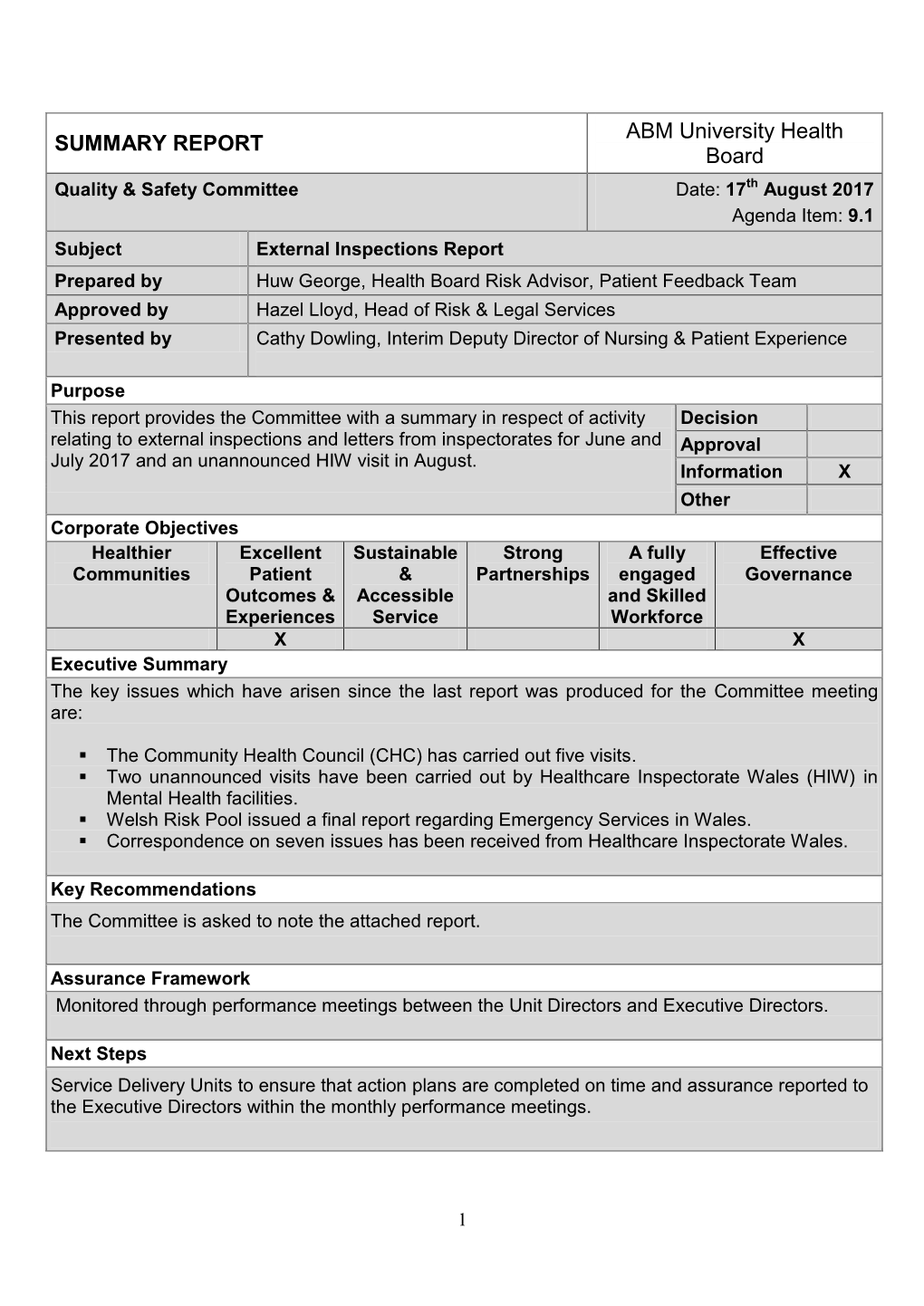 SUMMARY REPORT ABM University Health Board