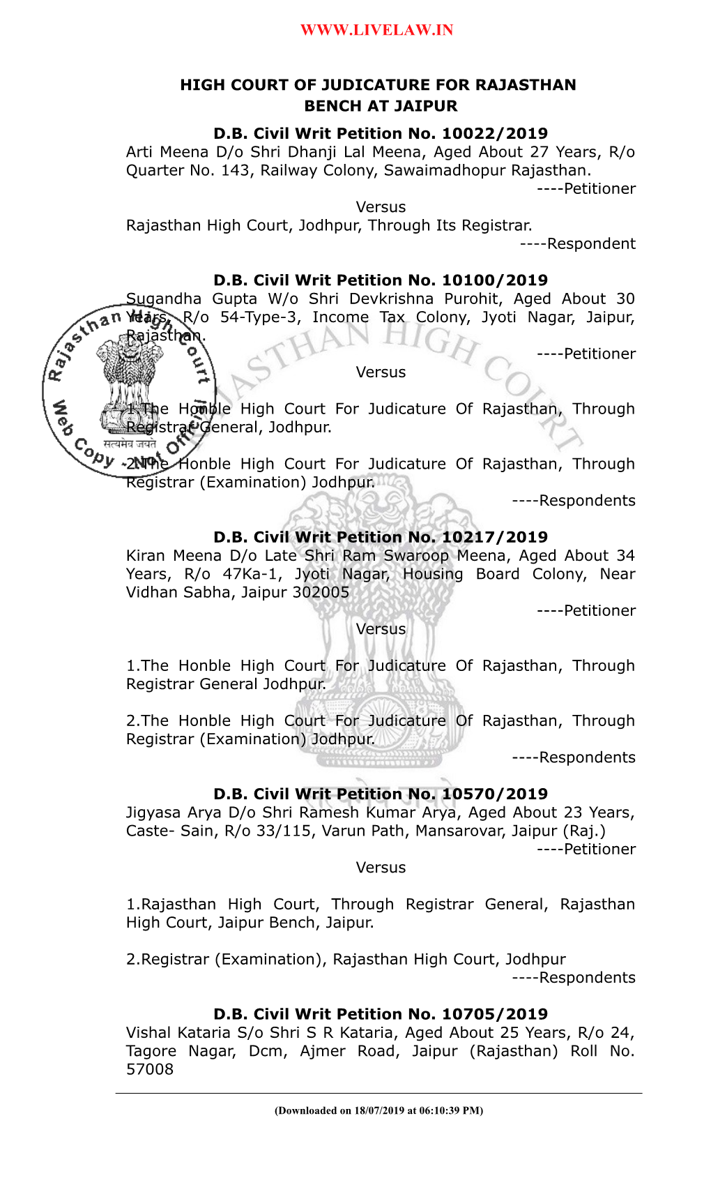 High Court of Judicature for Rajasthan Bench at Jaipur D.B