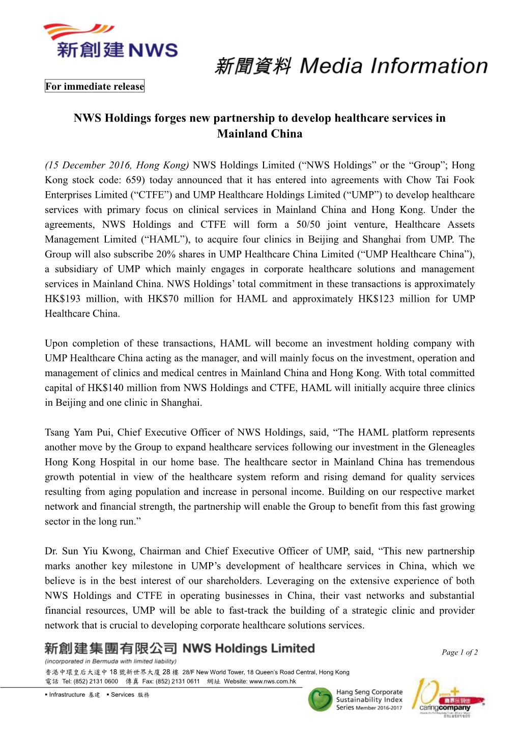 NWS Holdings Forges New Partnership to Develop Healthcare Services in Mainland China