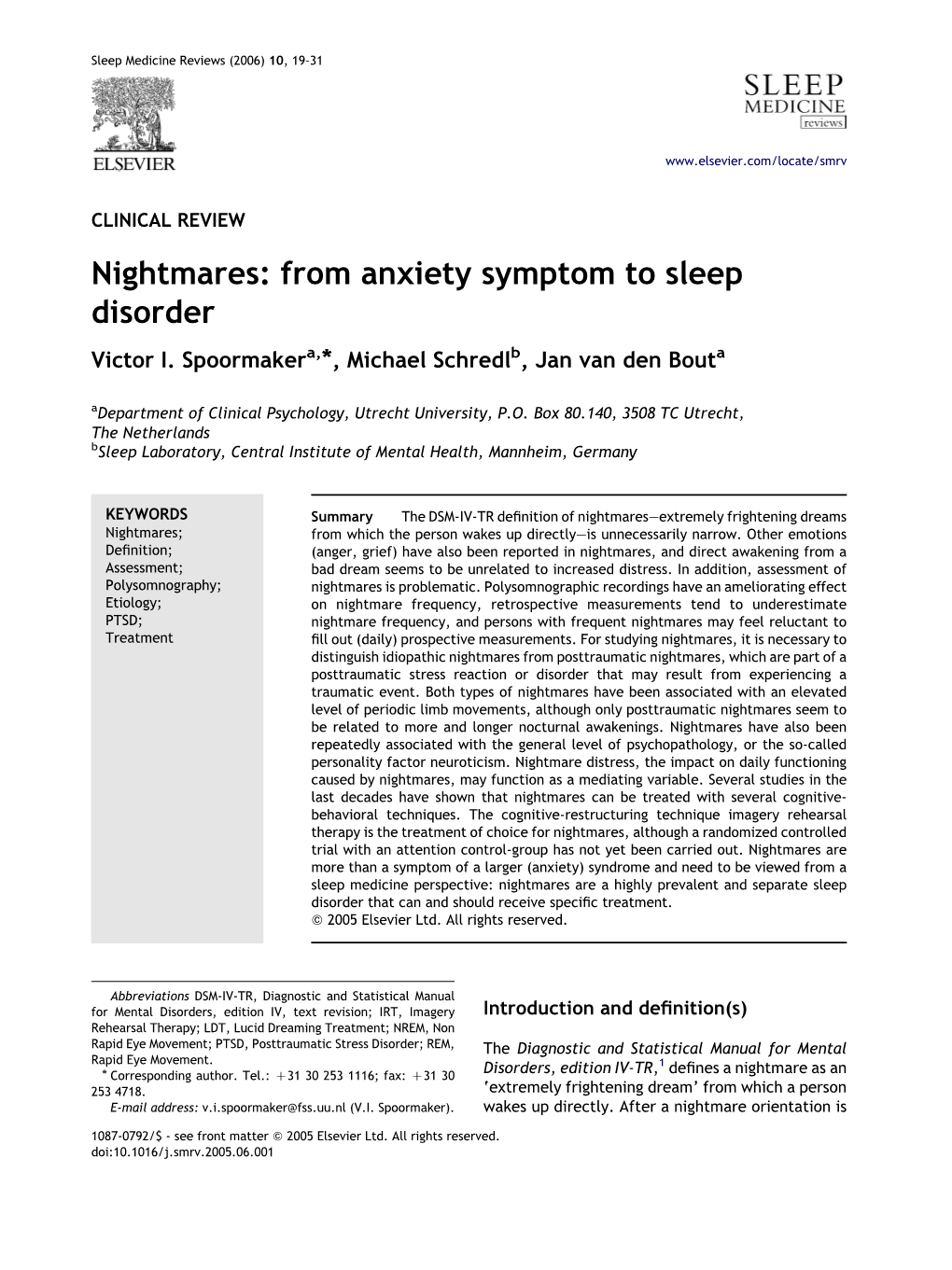 Nightmares: from Anxiety Symptom to Sleep Disorder Victor I