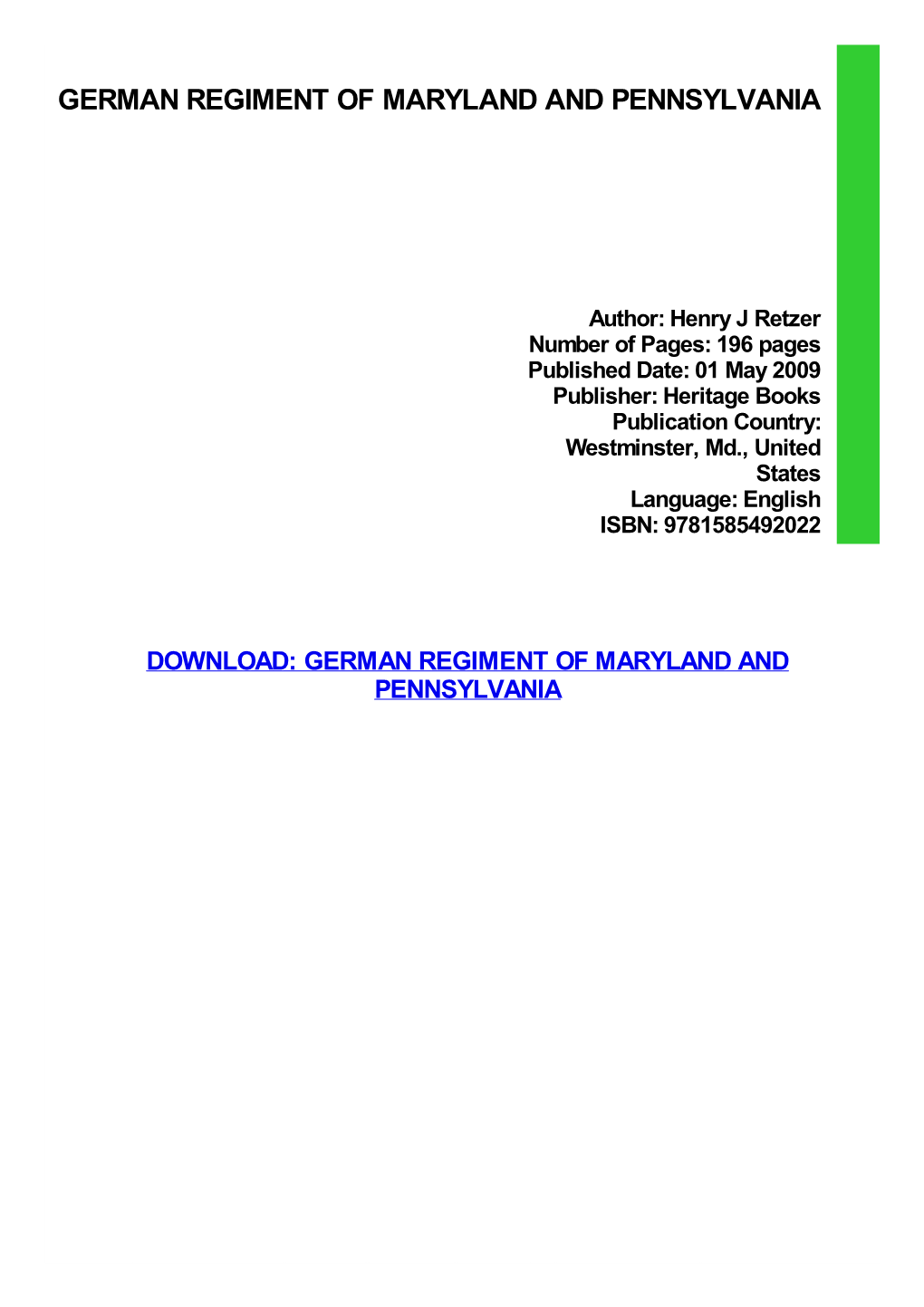 German Regiment of Maryland and Pennsylvania Download Free