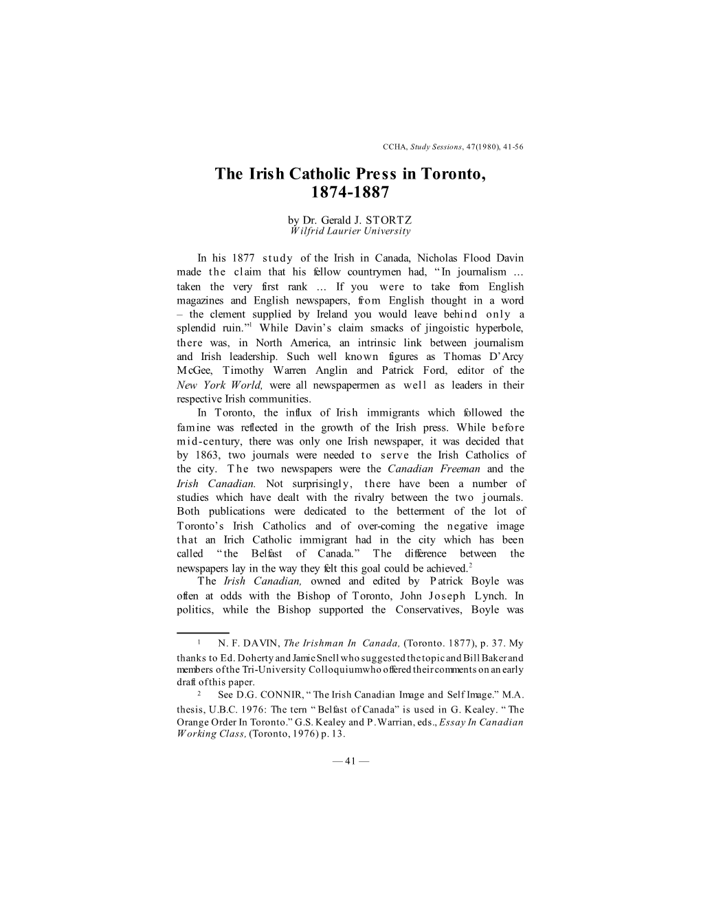 The Irish Catholic Press in Toronto, 1874-1887