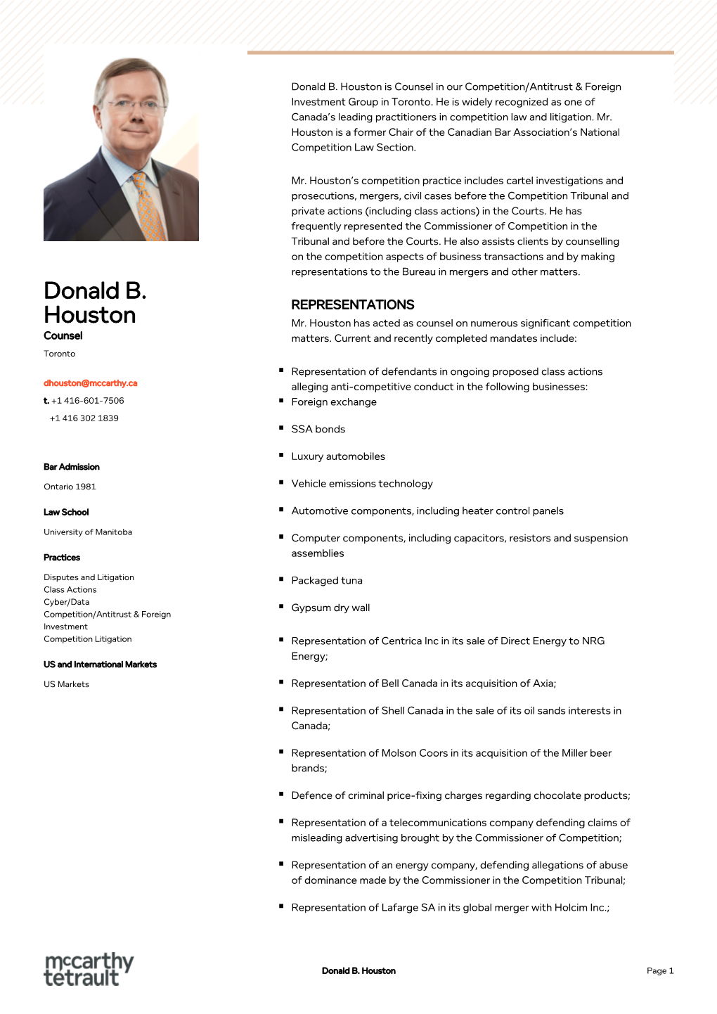 Donald B. Houston Is Counsel in Our Competition/Antitrust & Foreign Donald B