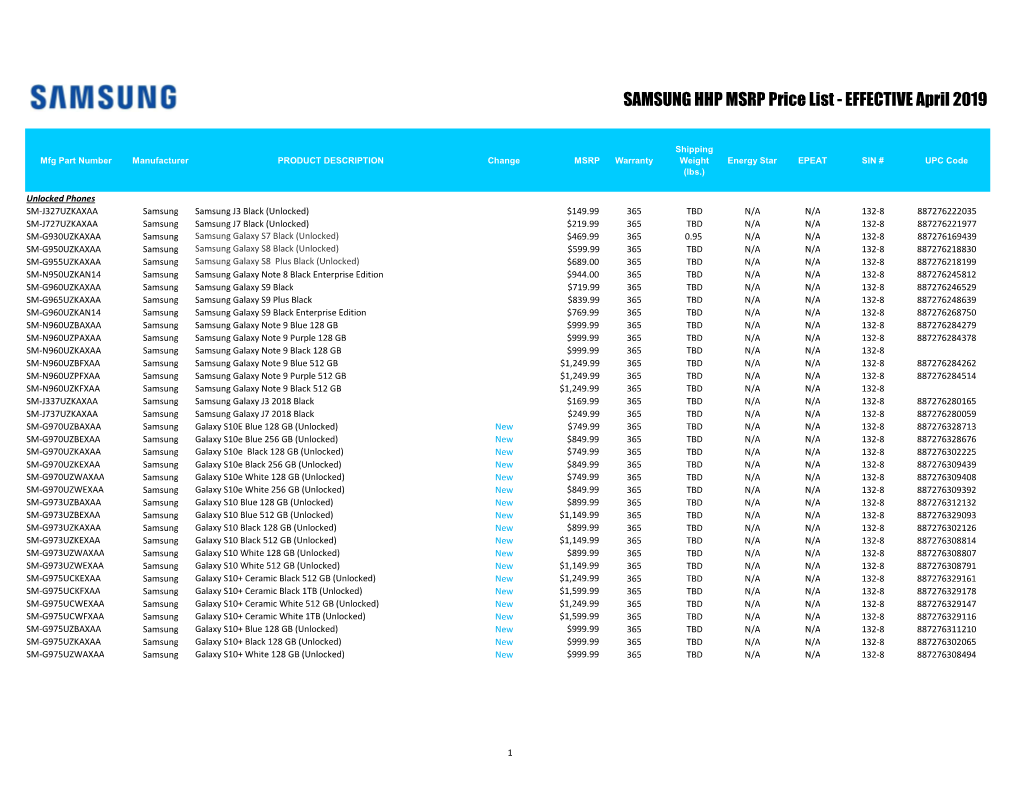 Samsung HHP MSRP Price File (April 2019)