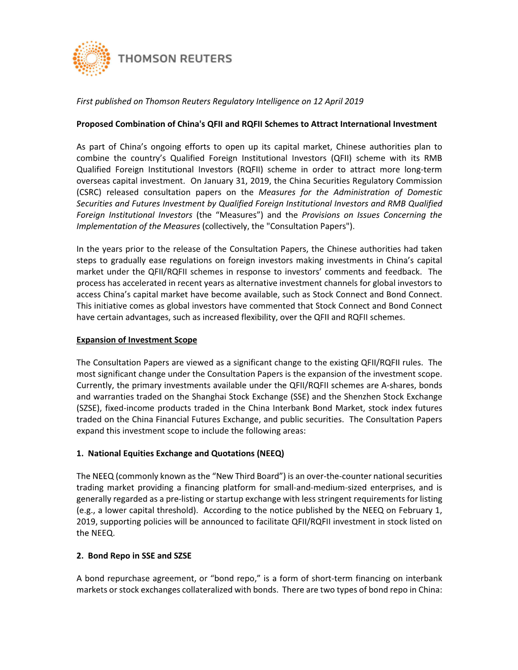 Proposed Combination of Chinas QFII and RQFII Schemes to Attract