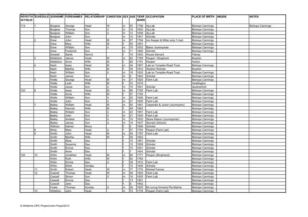 Ho107/18 39 Folio Schedule Surname Forenames