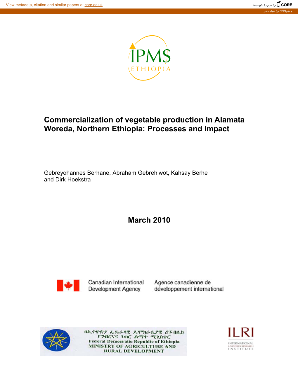 Commercialization of Vegetable Production in Alamata Woreda, Northern Ethiopia: Processes and Impact