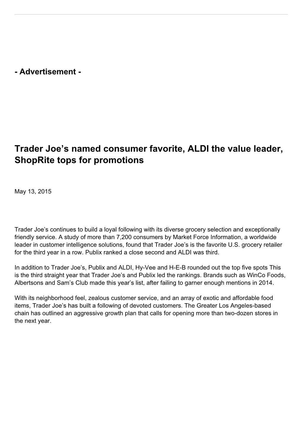 Trader Joe's Named Consumer Favorite, ALDI the Value Leader, Shoprite Tops for Promotions