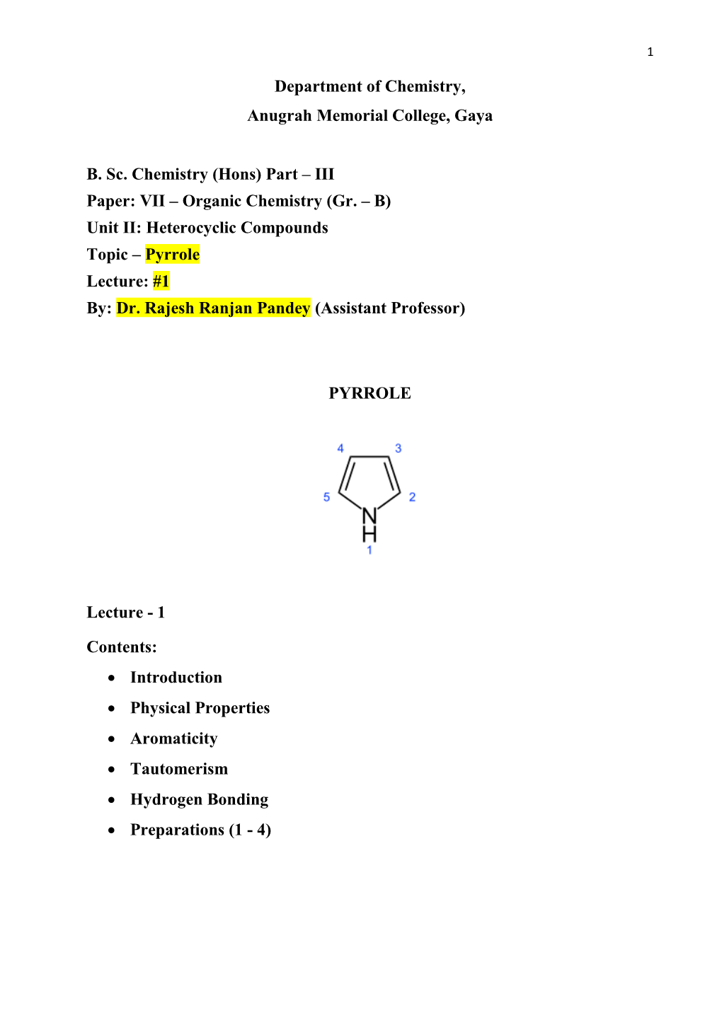 (Hons) Part – III Paper: VII – Organic Chemistry (Gr