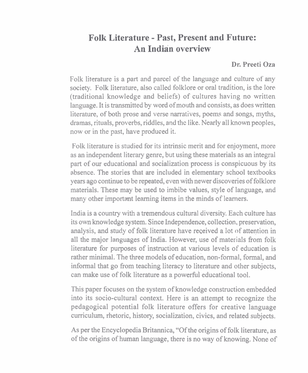 Folk Literature - Past, Present and Future: an Indian Overview