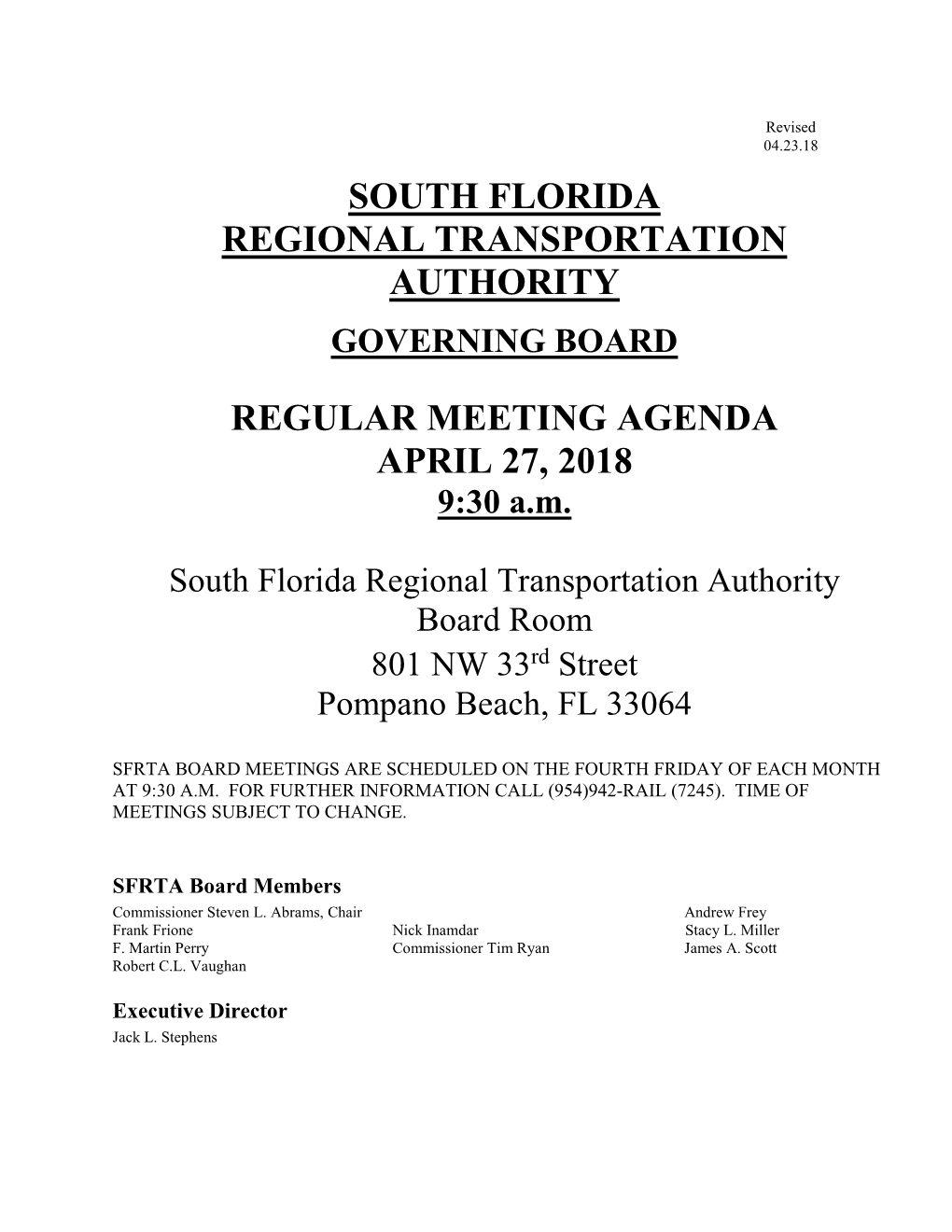 South Florida Regional Transportation Authority Regular Meeting Agenda April 27, 2018