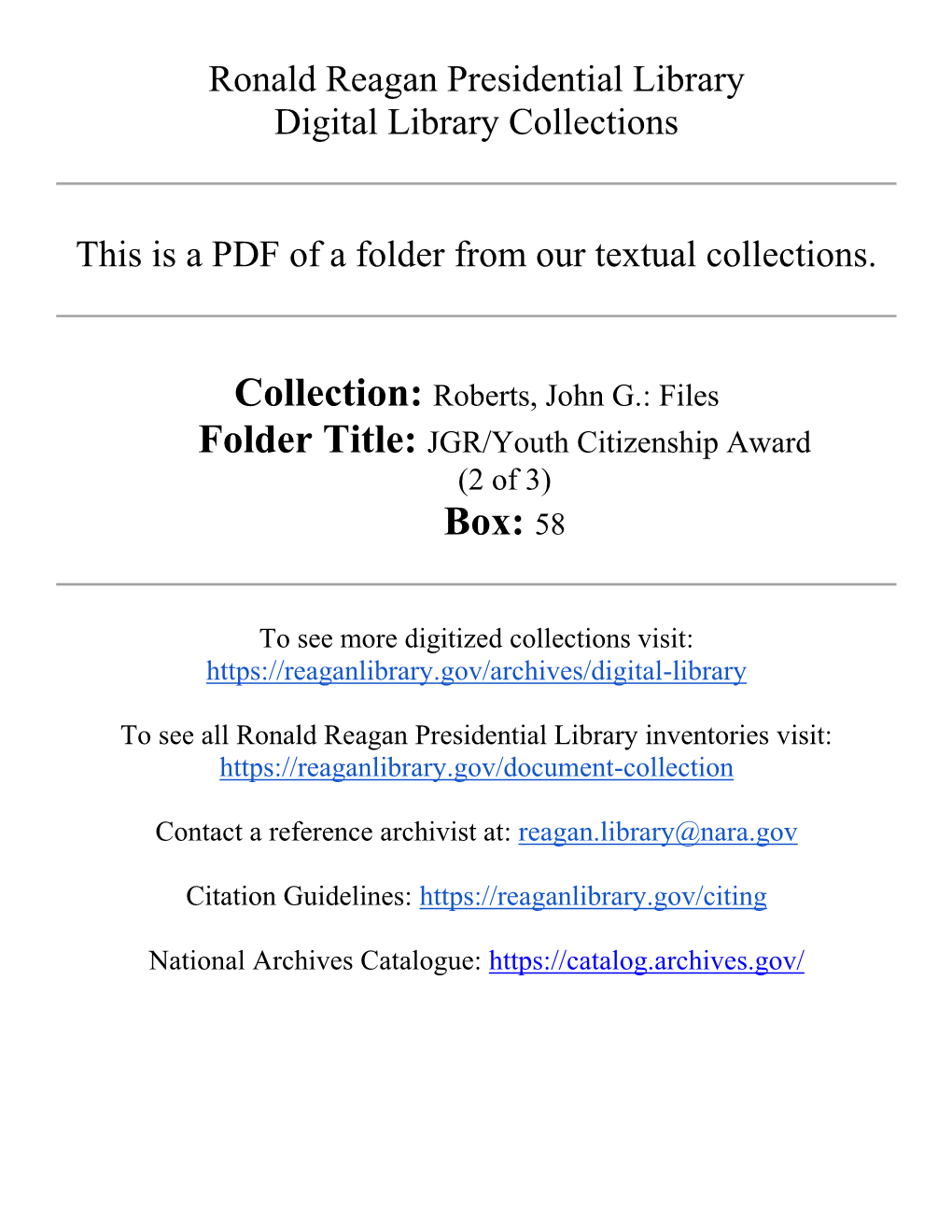 Roberts, John G.: Files Folder Title: JGR/Youth Citizenship Award (2 of 3) Box: 58