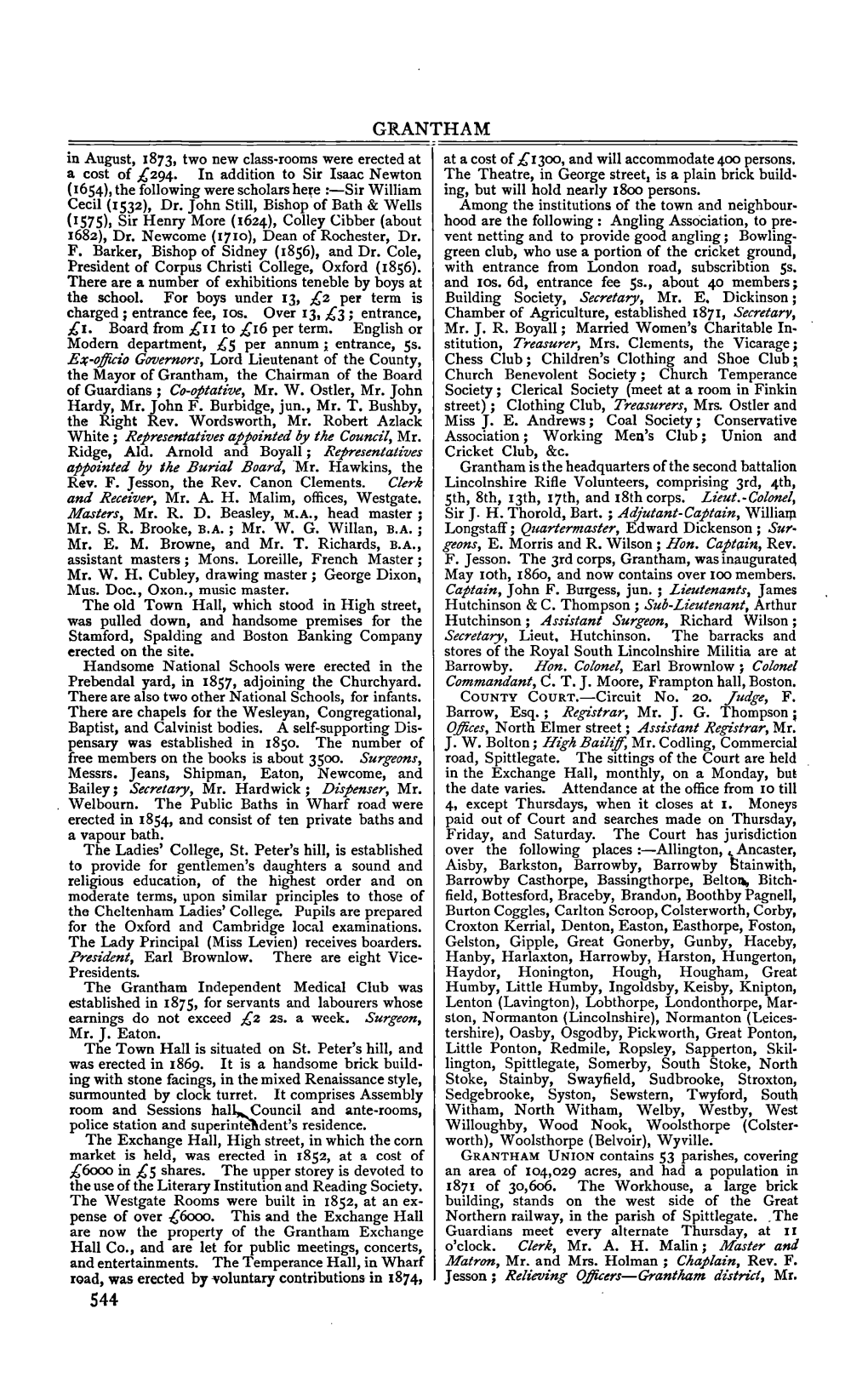 GRANTHAM ======In August, 1873, Two New Class-Rooms Were Erected at at a Cost of £1300, and Will Accommodate 400 Persons